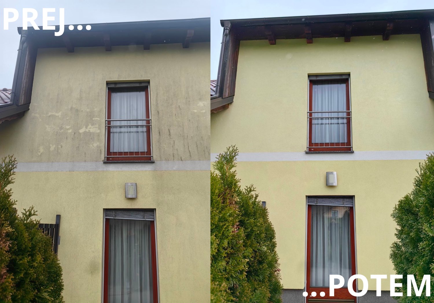 Rumena fasada z algami pred čiščenjem in po njem